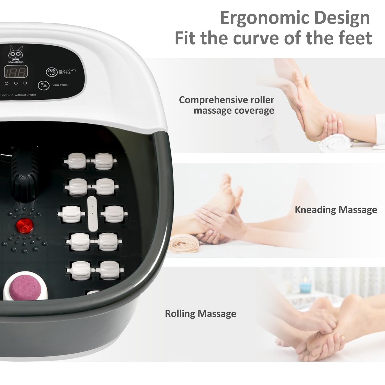 MoodRelish adjustable temperature control for a comfortable soak.
