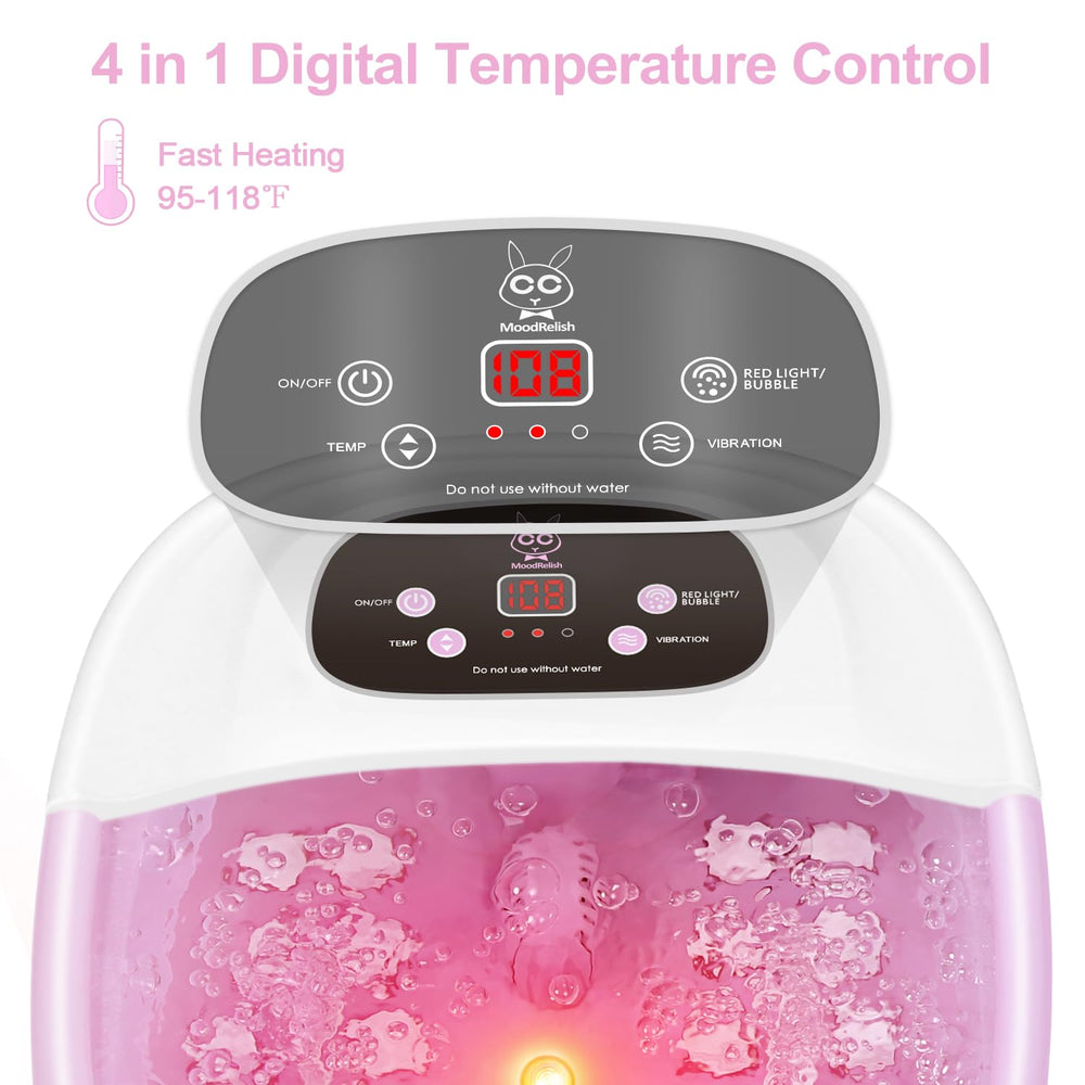 MoodRelish foot spa shows adjustable temperature for comfort.