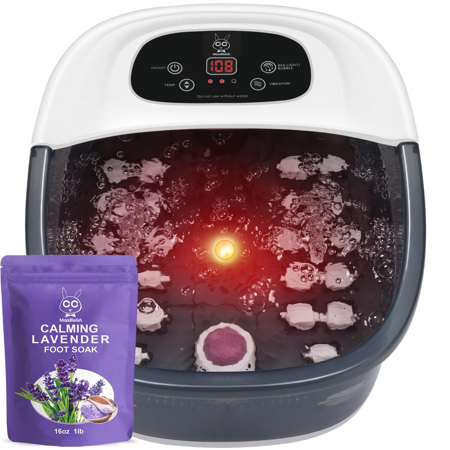 MoodRelish foot spa tub showing heating control for a steady warm foot soak
