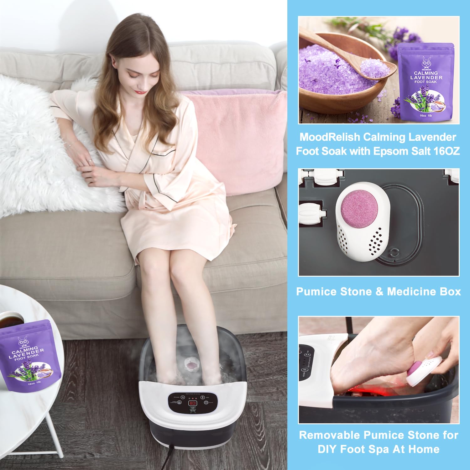 MoodRelish infrared light feature supports circulation and relaxation during foot soak