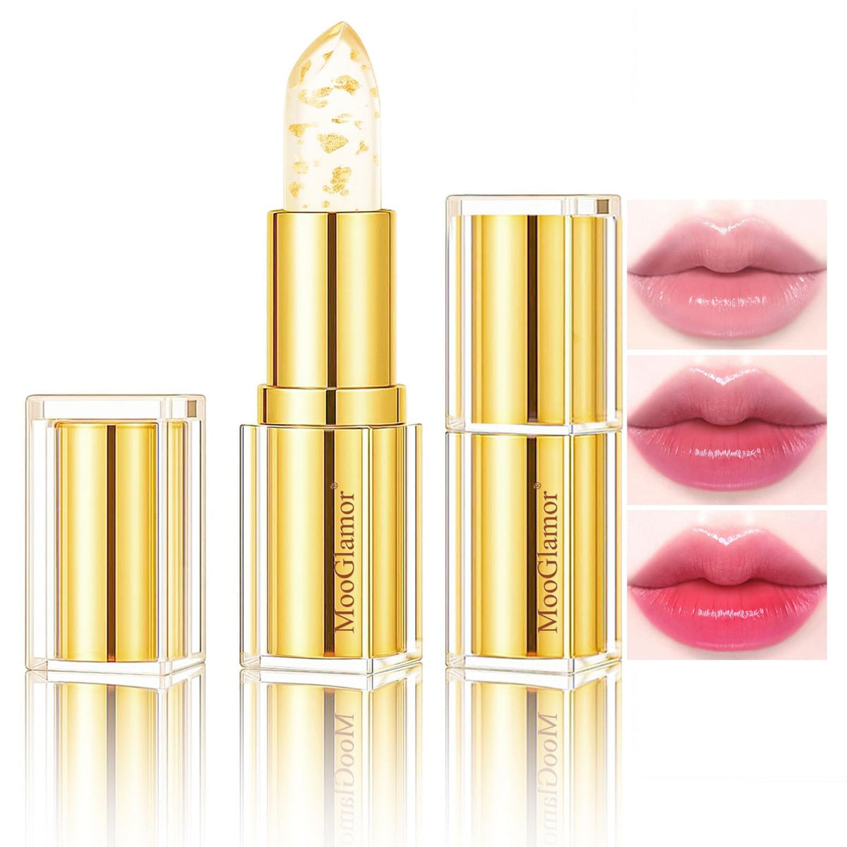 MooGlamor color-changing lipstick tube showing pink glow on lips