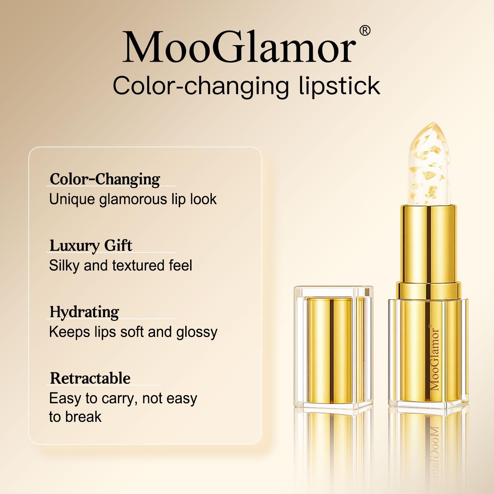 MooGlamor moisturizing jelly formula keeps lips soft with a glossy finish.