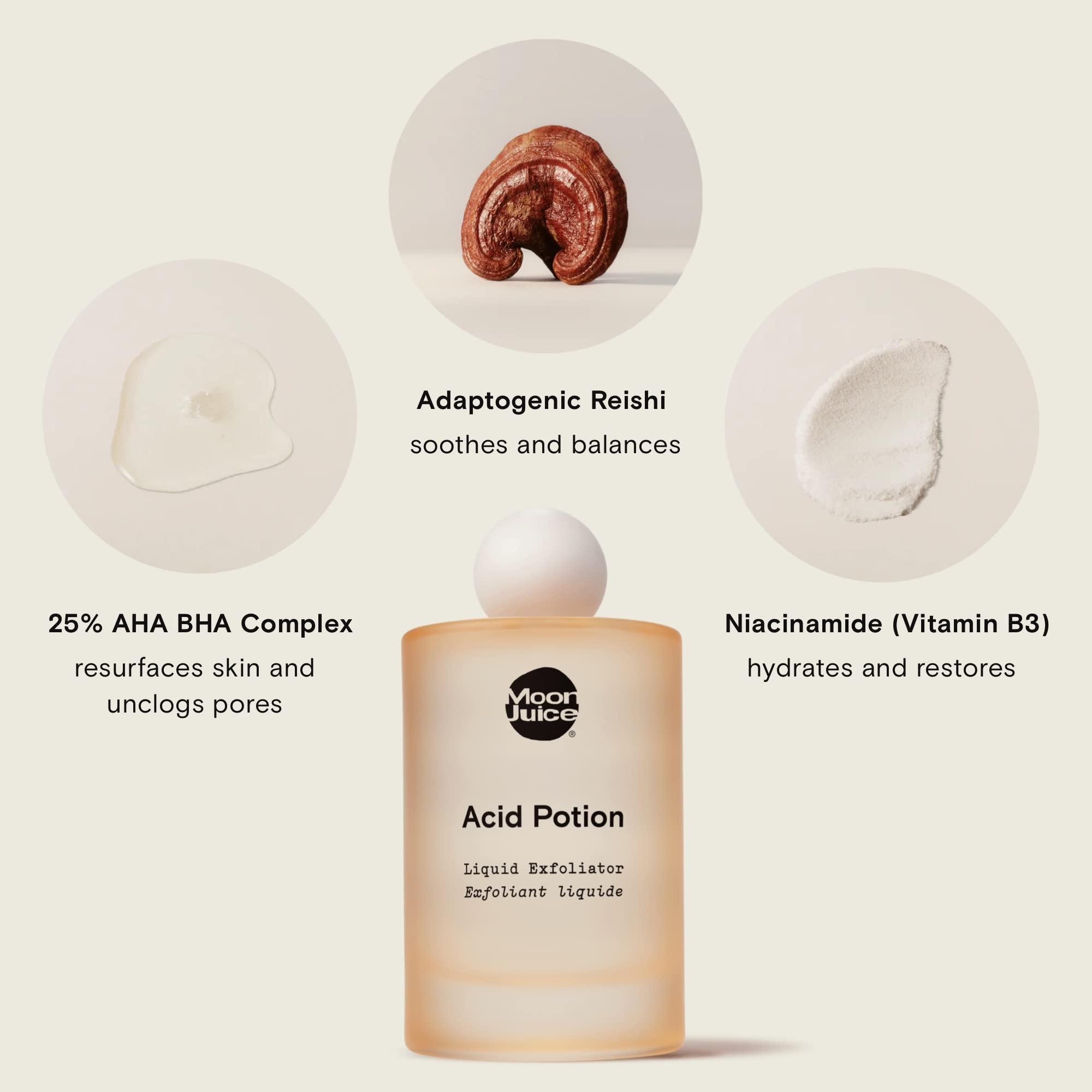 Moon Juice Acid Potion ingredients display with Reishi and Niacinamide.