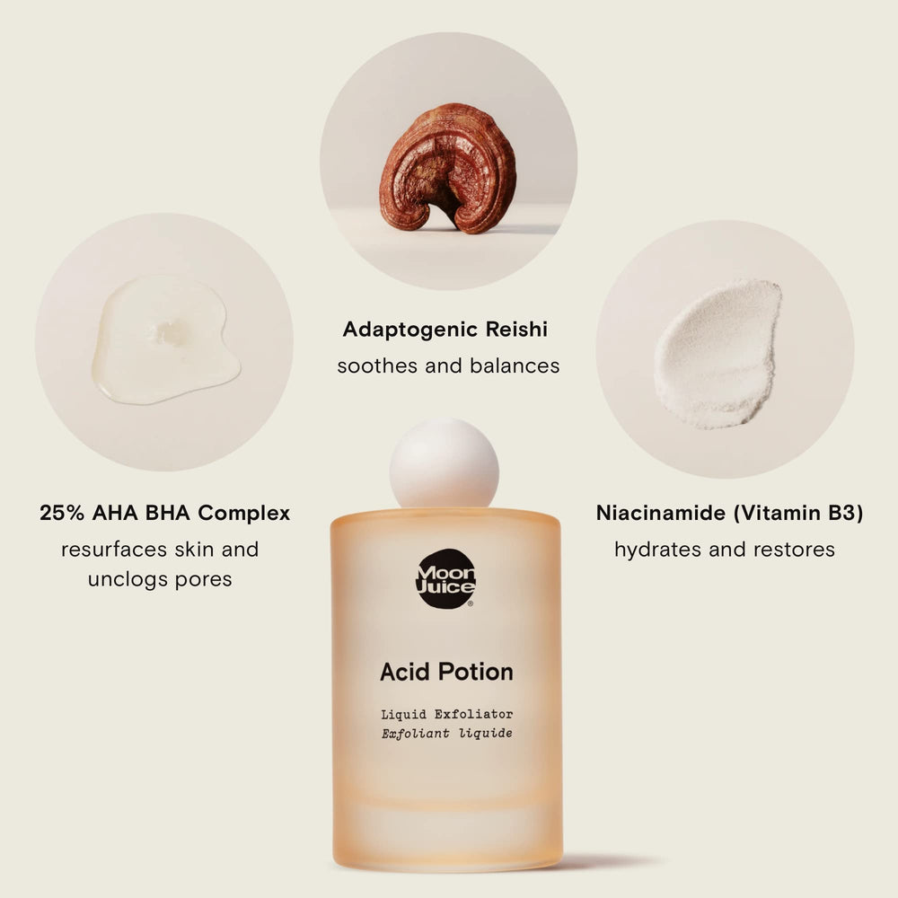 Moon Juice Acid Potion ingredients display with Reishi and Niacinamide.