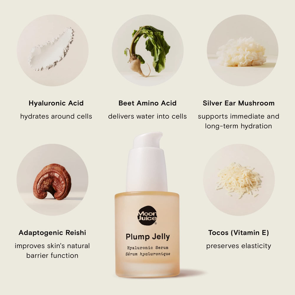Moon Juice Plump Jelly Hyaluronic Serum ingredients panel highlights peptides and mushroom actives.