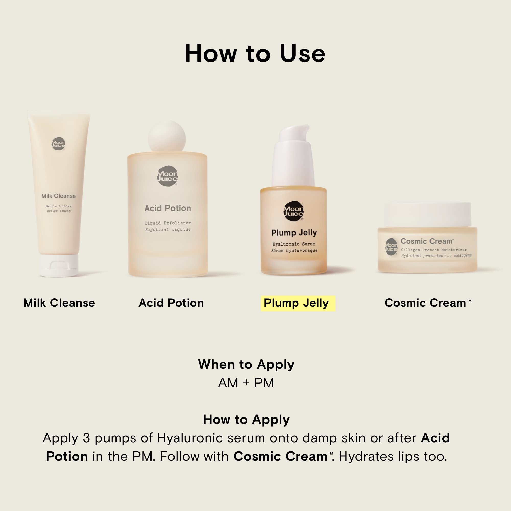 Moon Juice Plump Jelly Hyaluronic Serum packaging emphasizes vegan and cruelty-free branding.