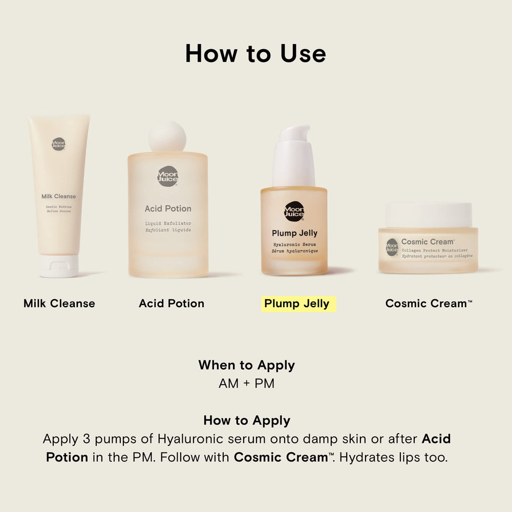 Moon Juice Plump Jelly Hyaluronic Serum packaging emphasizes vegan and cruelty-free branding.