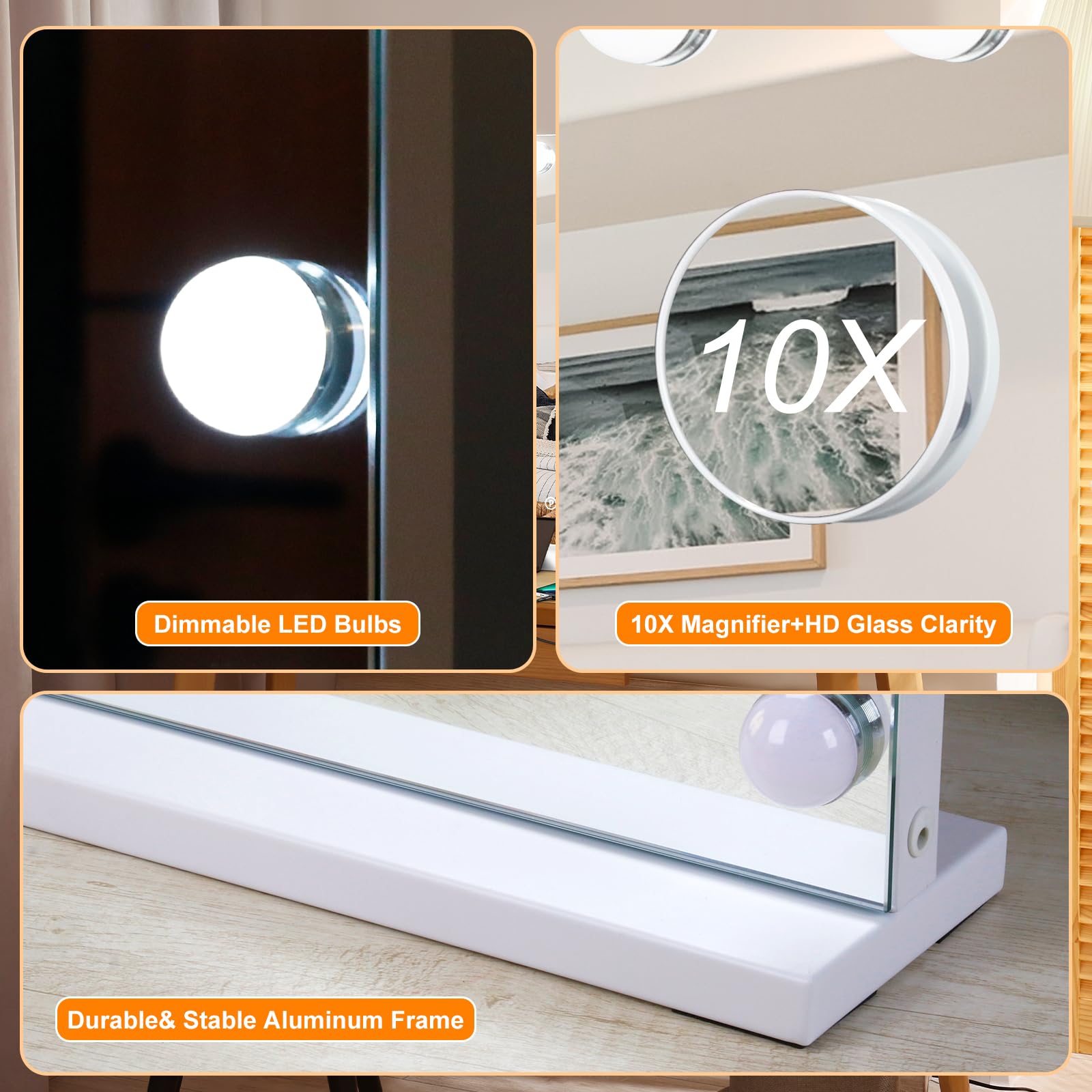 Moonee vanity mirror displays bright light setting for a refreshed look during makeup.