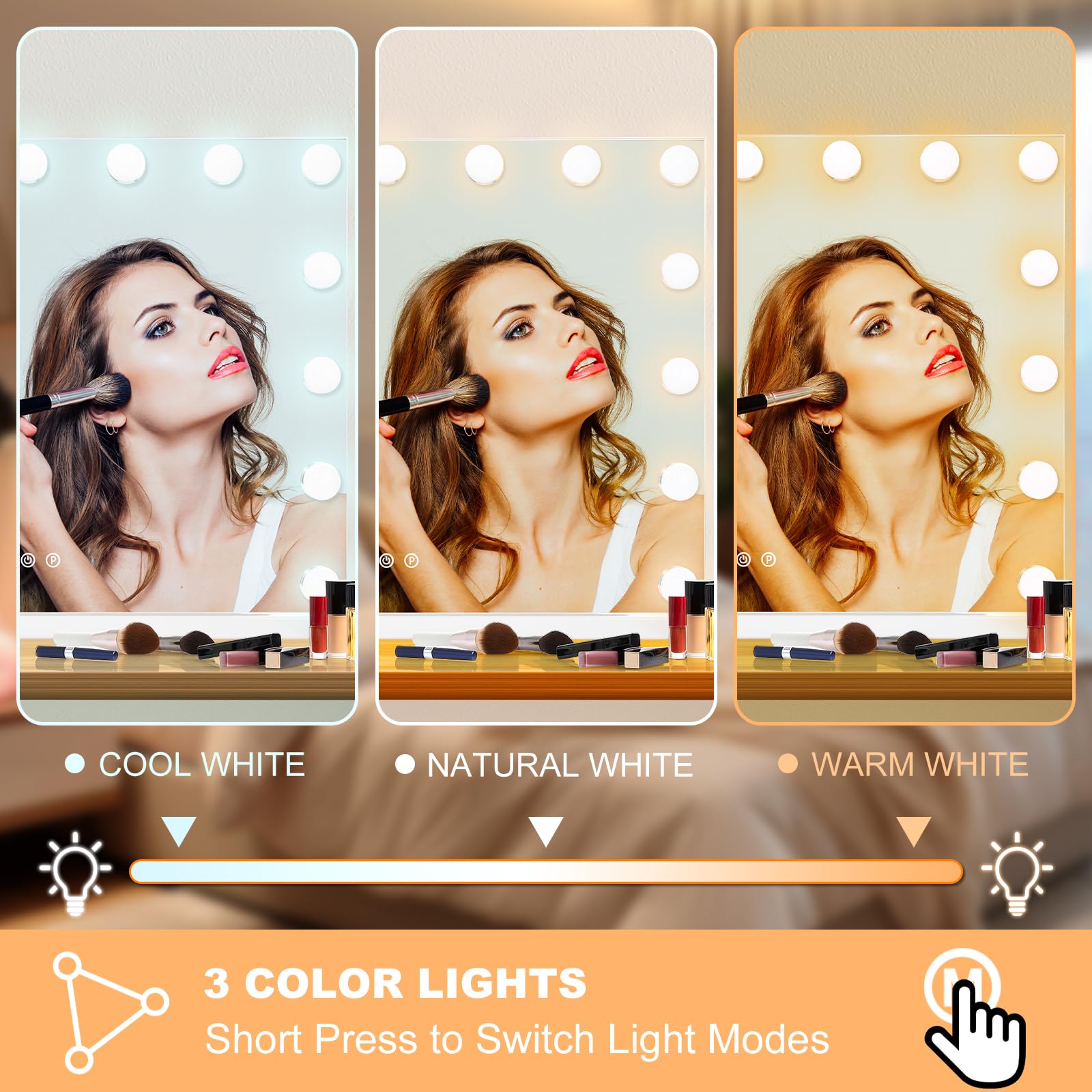 Moonee vanity mirror features contrast lighting to enhance makeup application.