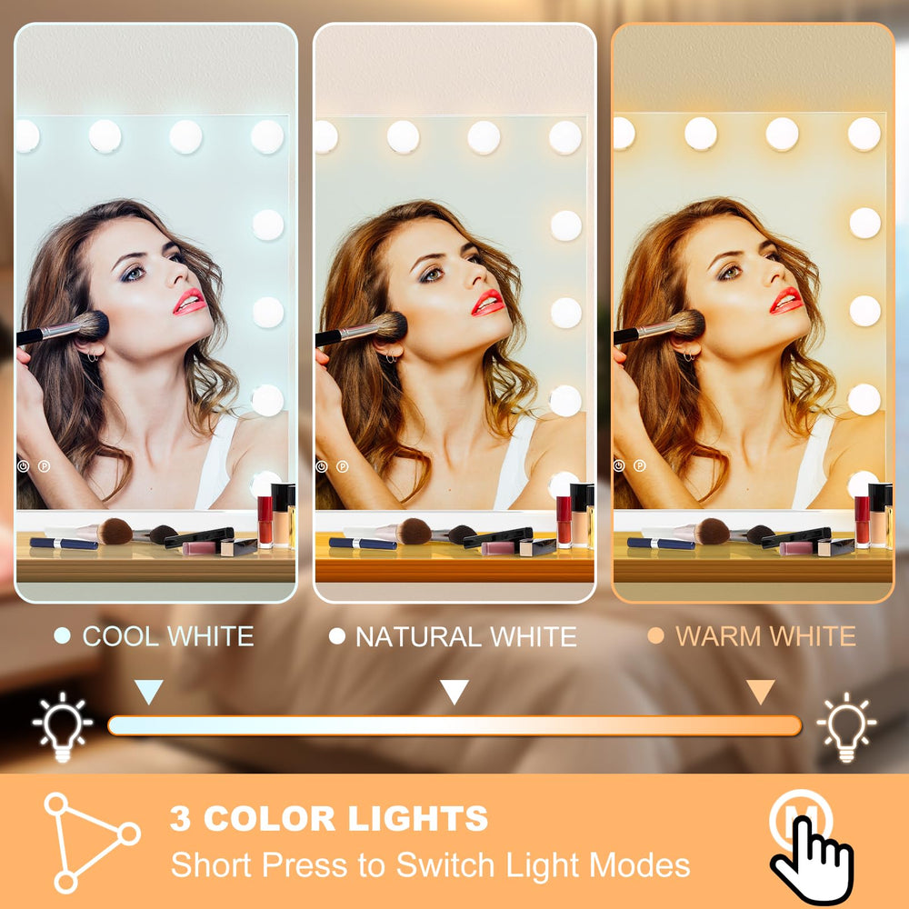 Moonee vanity mirror features contrast lighting to enhance makeup application.