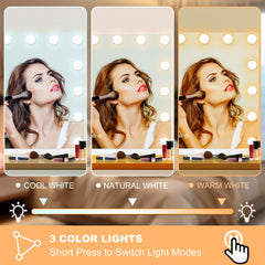 Moonee vanity mirror features contrast lighting to enhance makeup application.