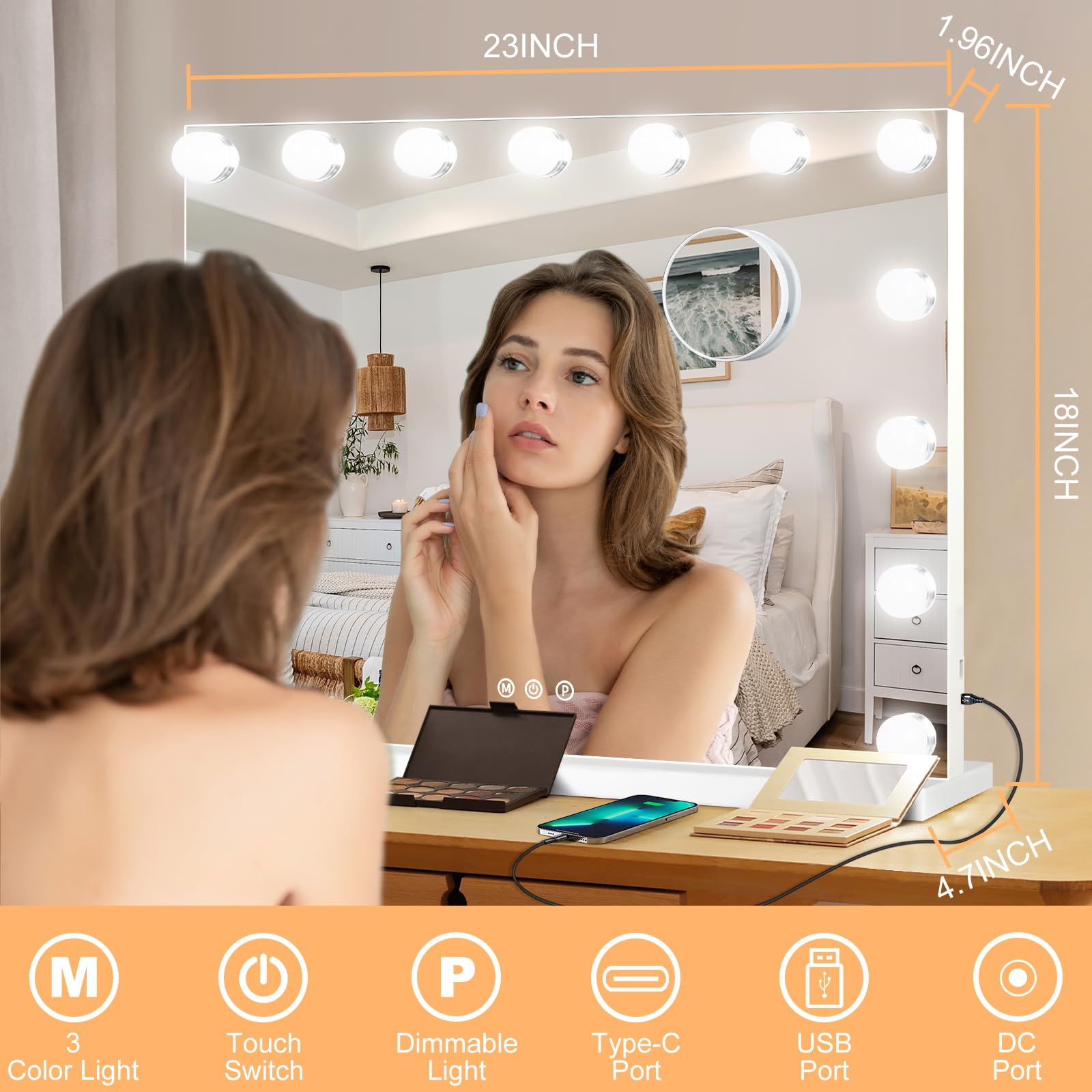 Moonee vanity mirror side view highlights sleek aluminum frame and lighted features.