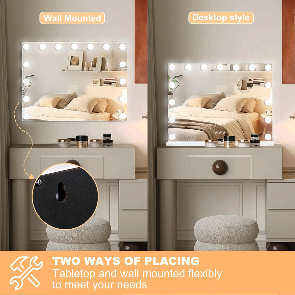 Moonee vanity mirror USB charging port allows charging devices while applying makeup.