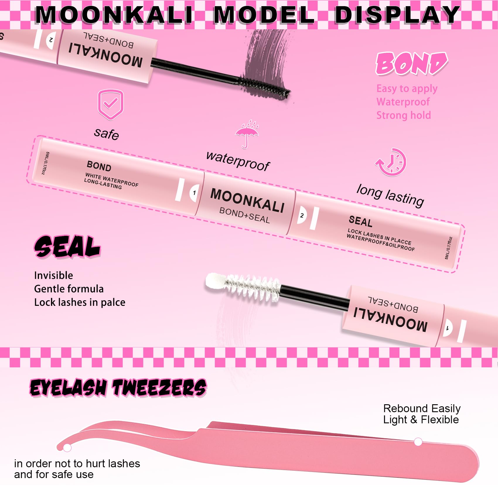 MOONKALI waterproof lash clusters glue closeup highlighting strong hold.