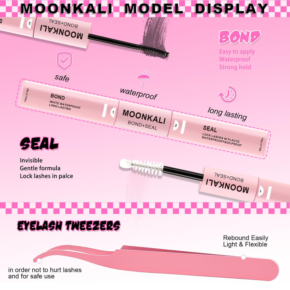 MOONKALI waterproof lash clusters glue closeup highlighting strong hold.