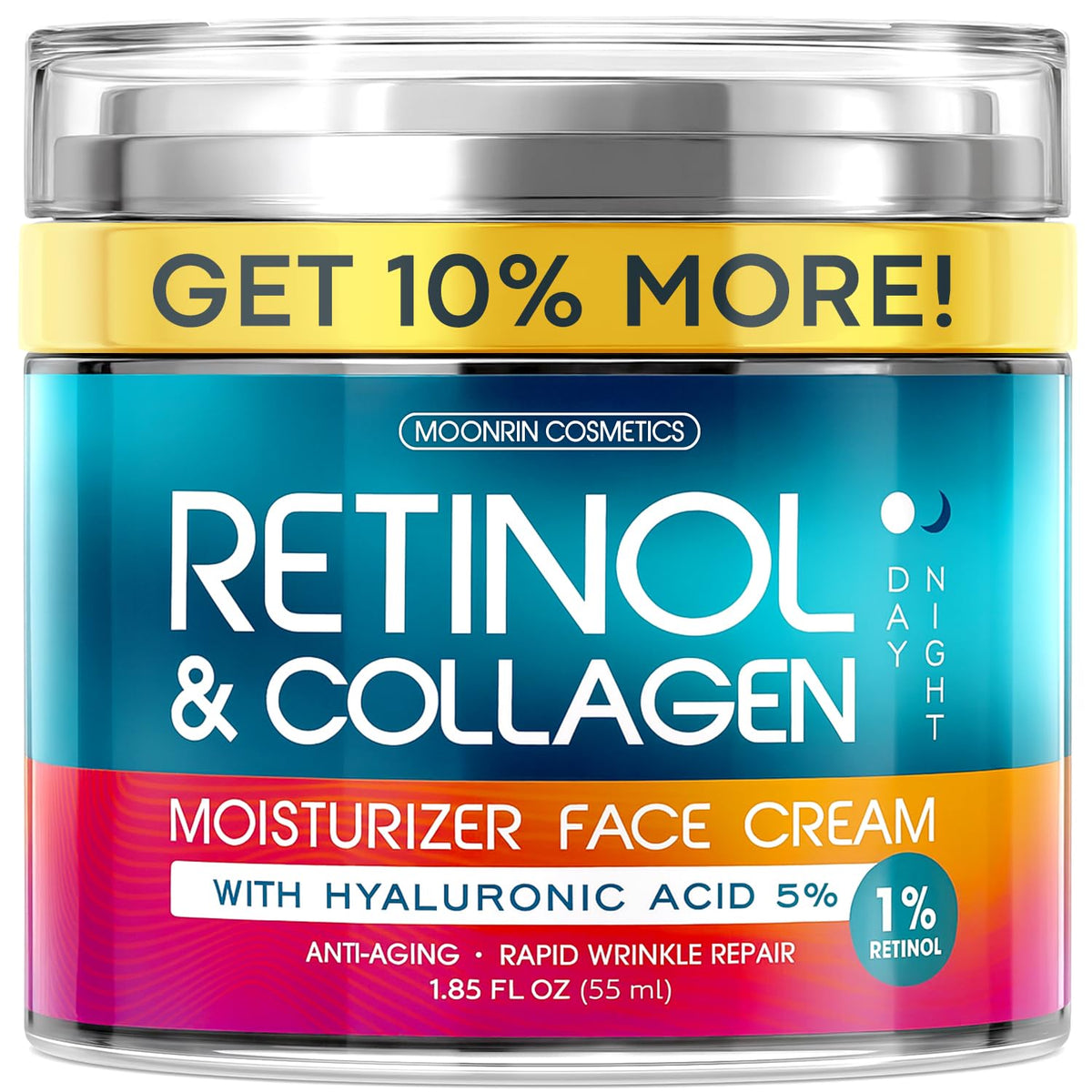Moonrin Cosmetics retinol cream bottle for day and night use, targeting smoother-looking skin