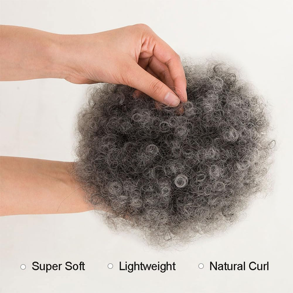 MOONSHOW Ombre Grey Afro Puff worn high for dramatic top knot style.