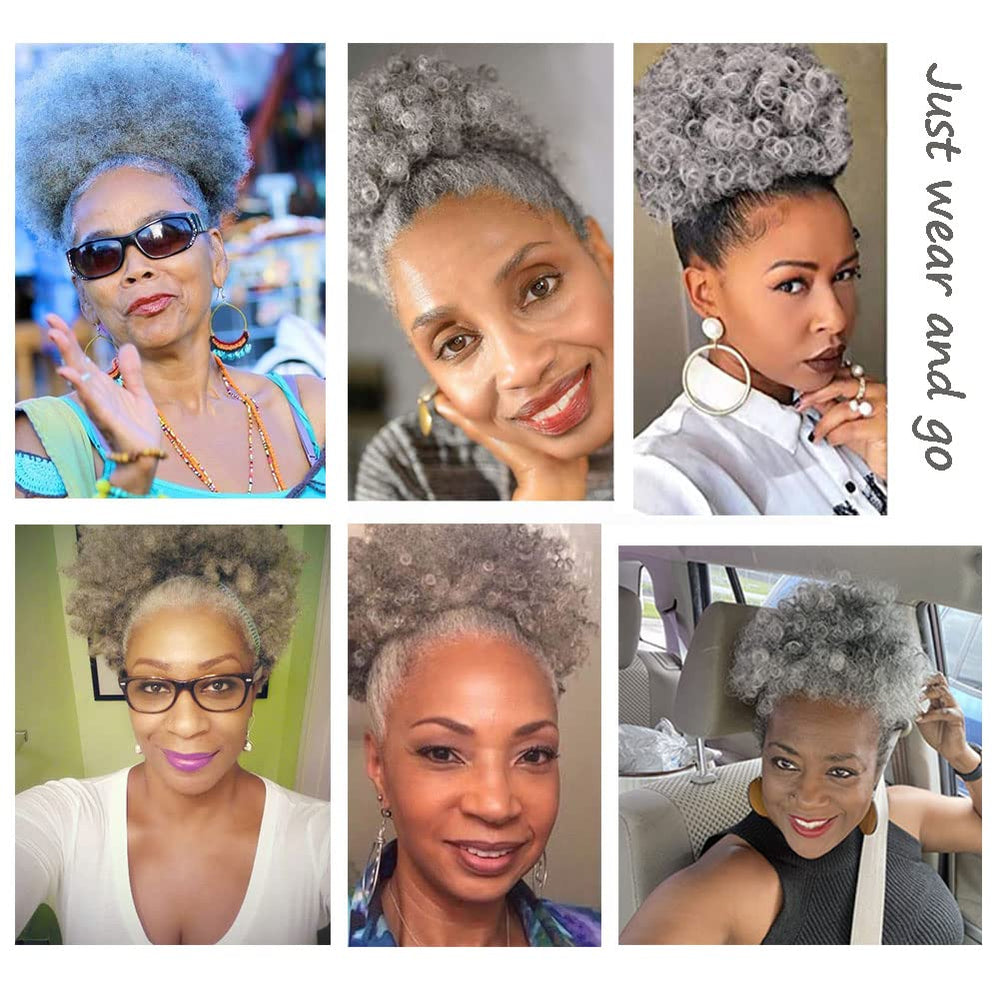 MOONSHOW Ombre Grey Afro Puff suitable for cosplay or events.