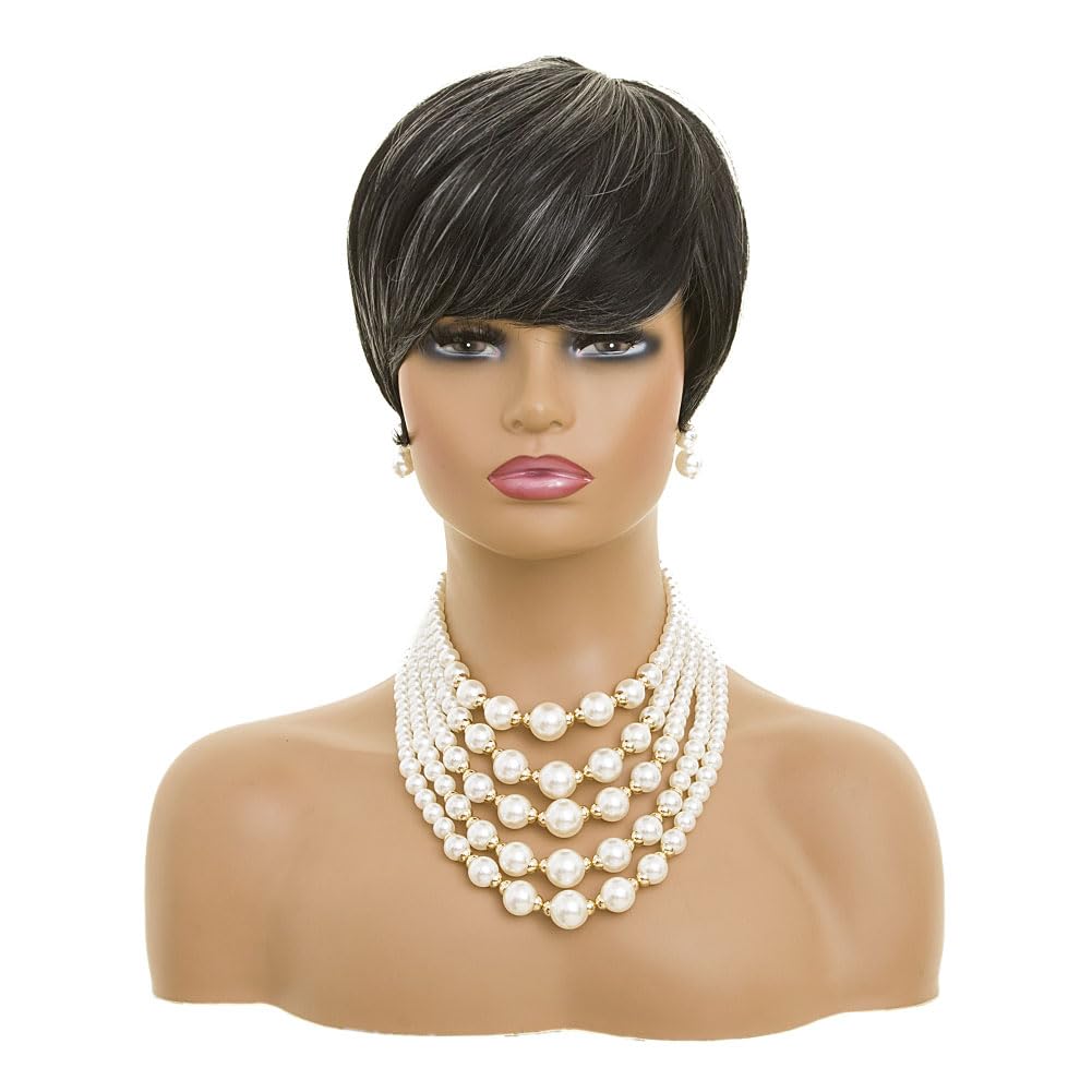 MOONSHOW short grey wig side-part angled view offers flattering silhouette.