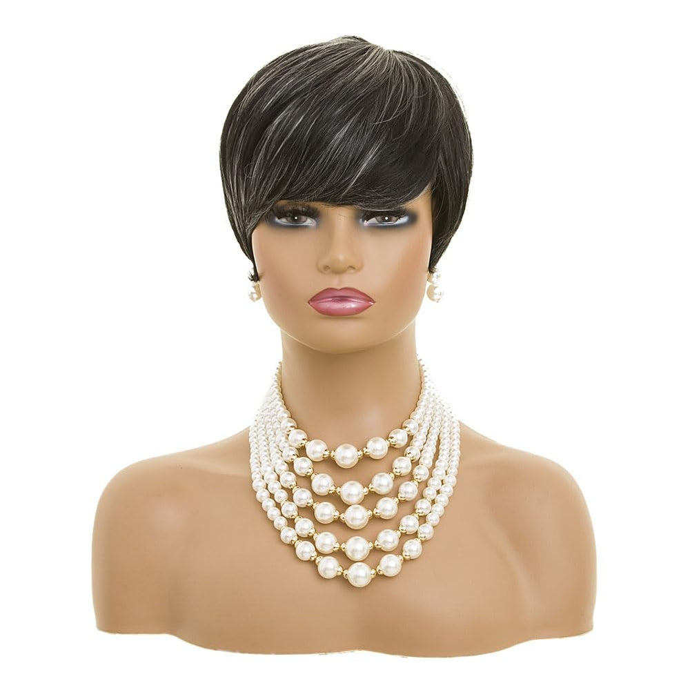 MOONSHOW short grey wig side-part angled view offers flattering silhouette.