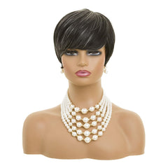 MOONSHOW short grey wig side-part angled view offers flattering silhouette.