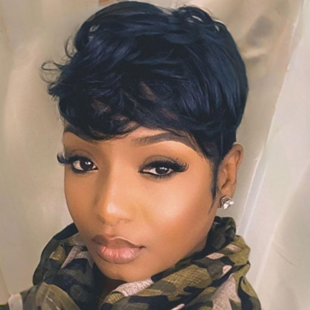 MOONSHOW short human hair wig pixie cut front view ideal for versatile daily wear.