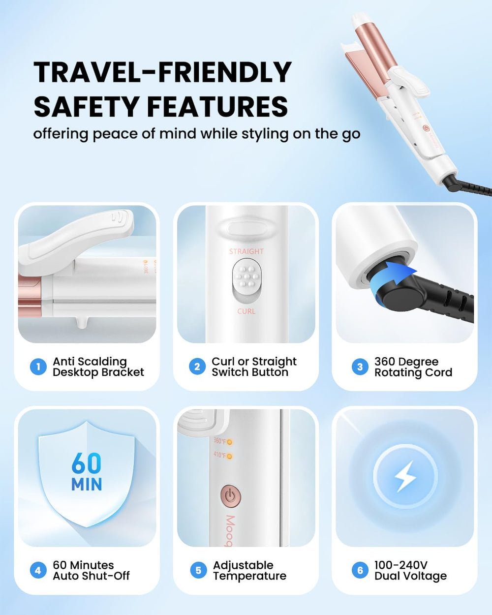 Mooqlizz adjustable temperature settings support different hair types.