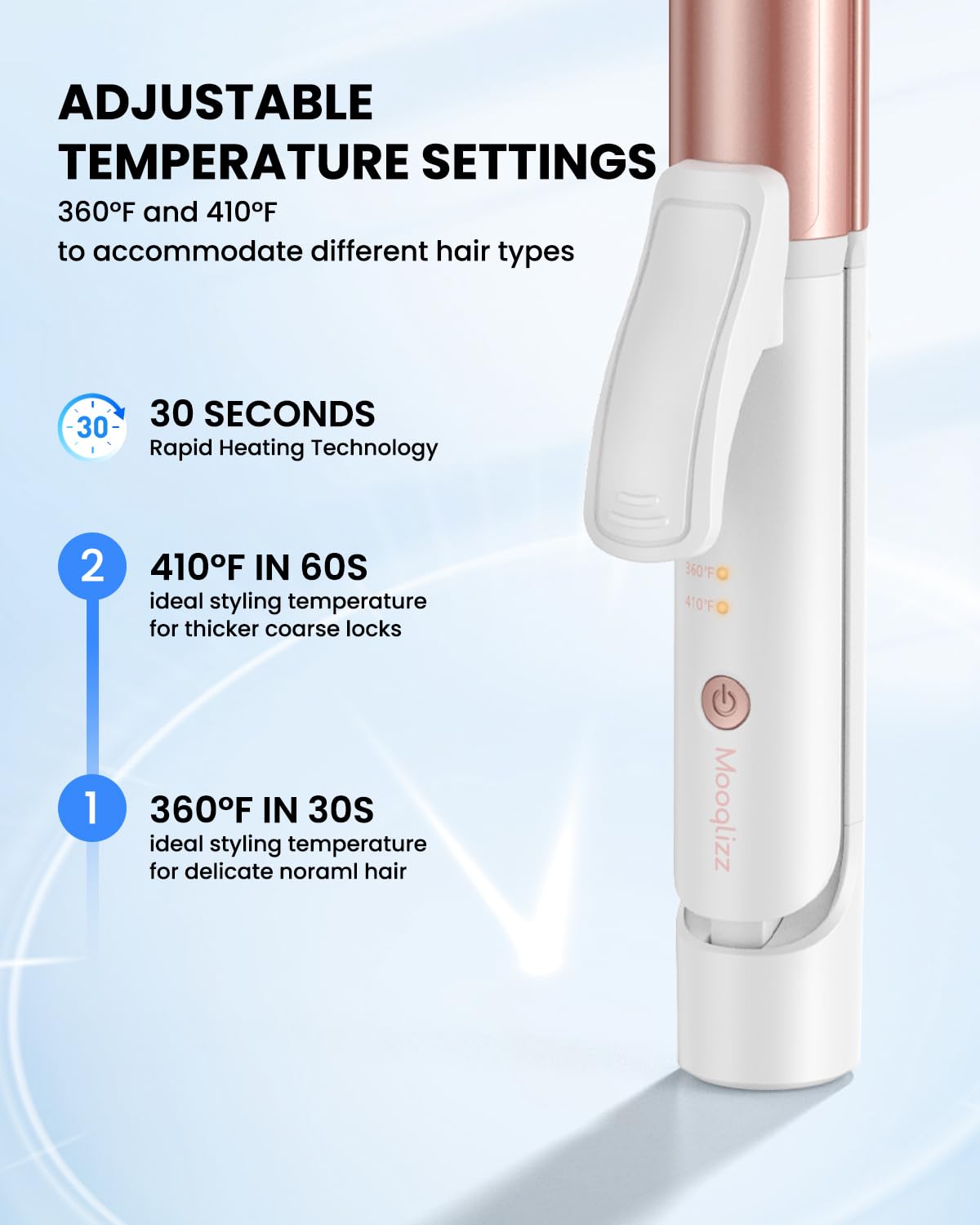 Mooqlizz auto shut-off and swivel cord enhance safety on the go.
