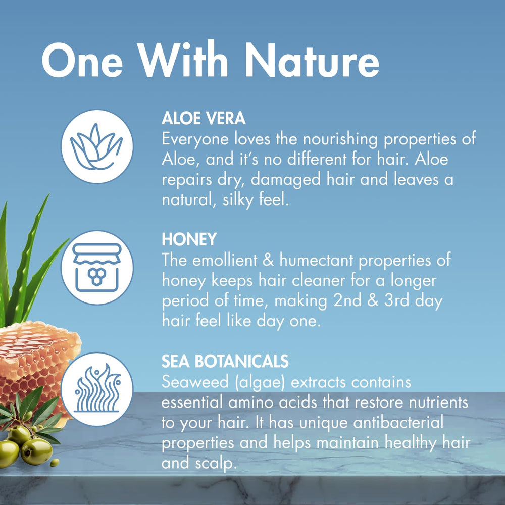 MopTop ingredients aloe honey olive oil illustrate botanicals nourishing natural shine and slip.