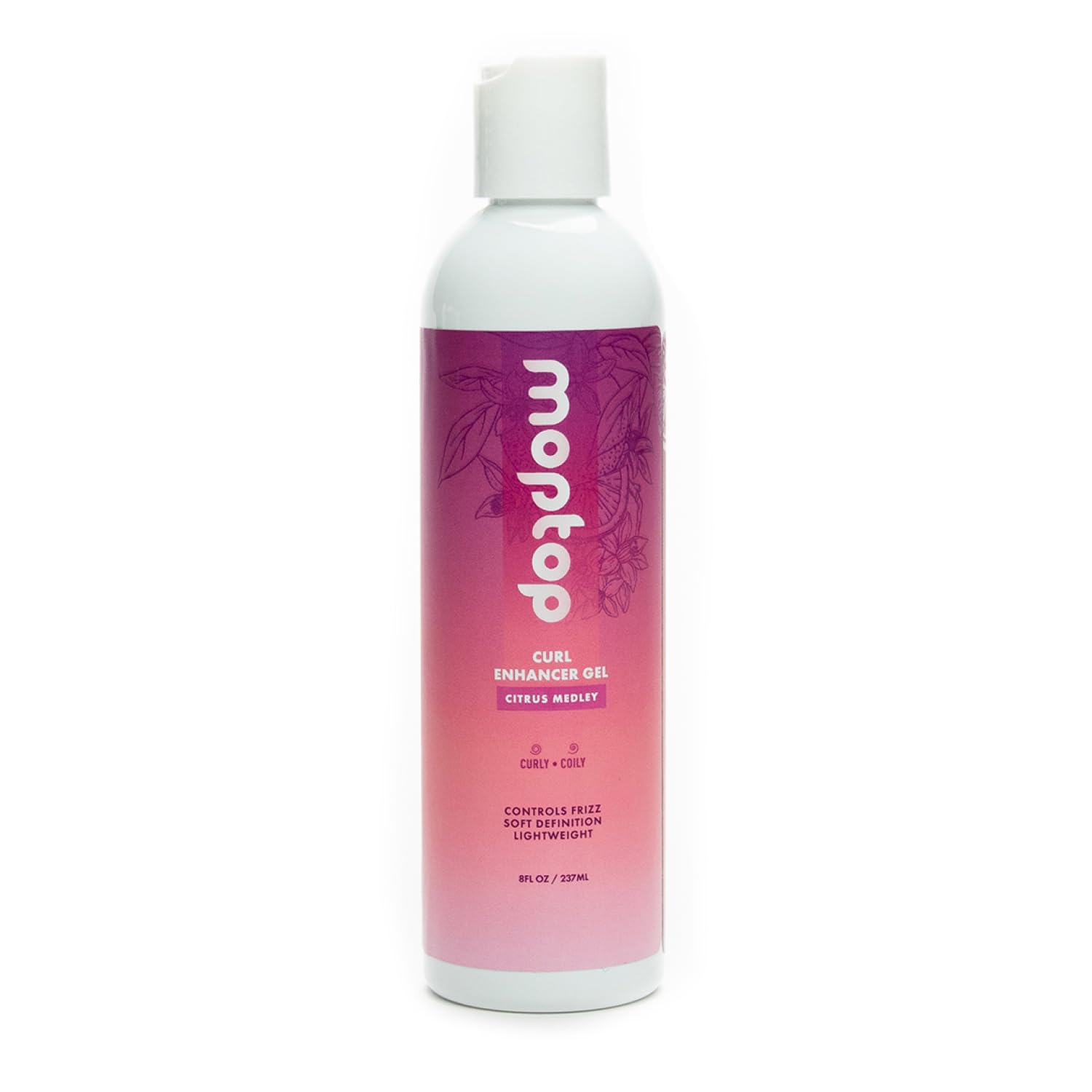 MopTop Curl Enhancer Gel bottle shows lightweight frizz control for defined curls