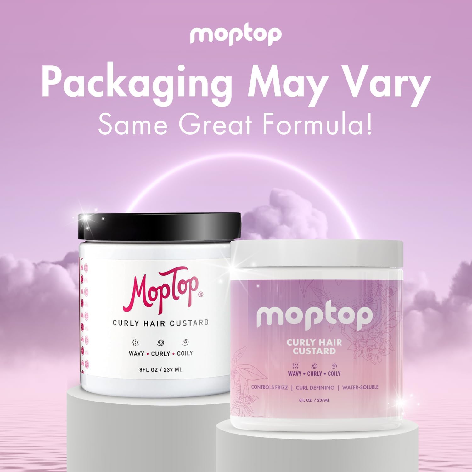 MopTop Curly Hair Gel Custard 8oz packaging evokes portable, long-lasting styling