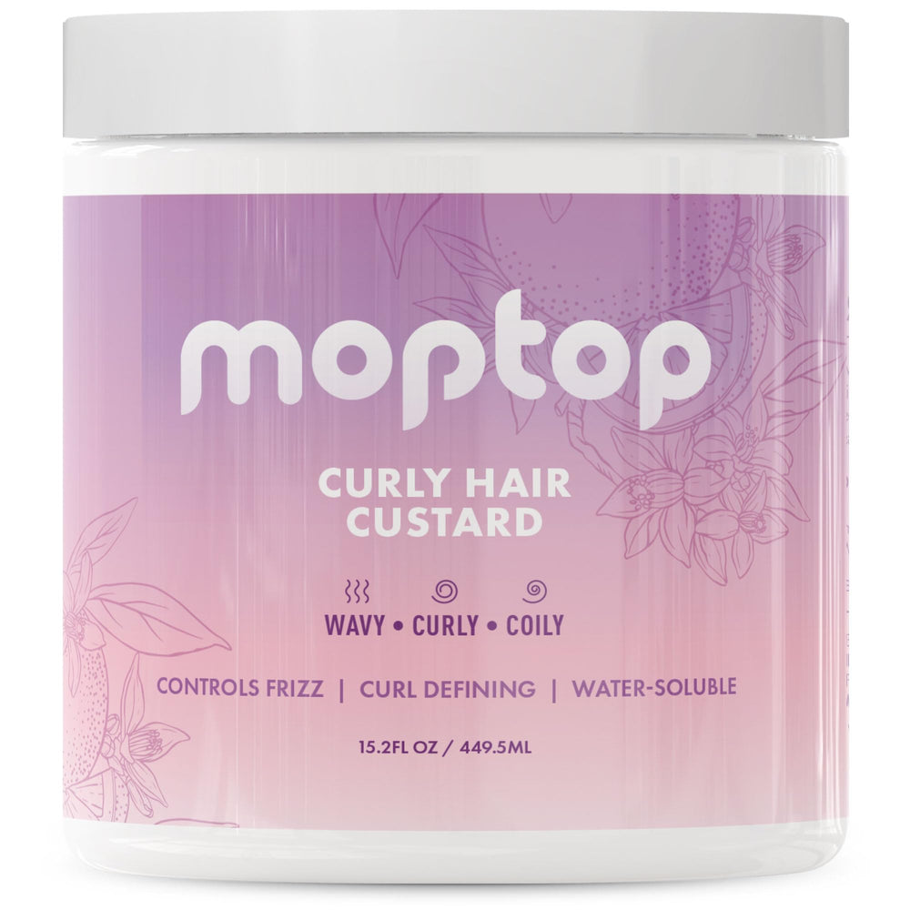 MopTop Curly Hair Gel Custard bottle closeup highlighting lightweight moisture and frizz control