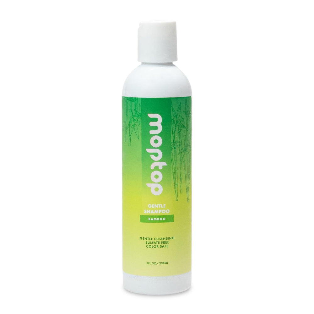MopTop Gentle Shampoo bottle shows frizz-reducing coconut cleanse for daily moisture