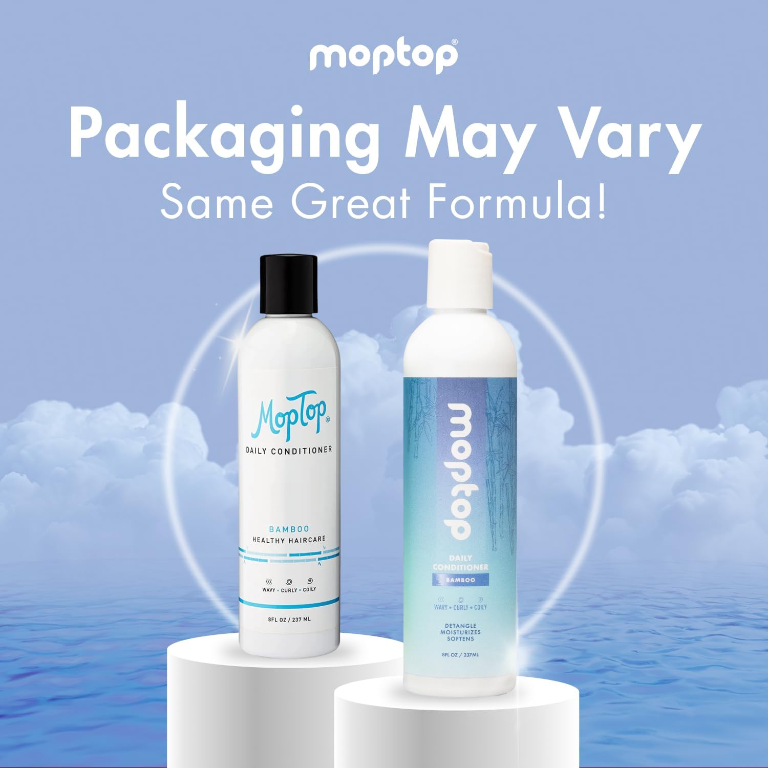 MopTop bottle label communicates silicone-free, sulfate-free, paraben-free clean formula.