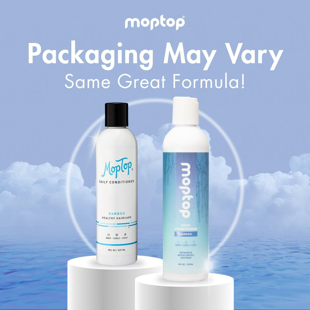 MopTop bottle label communicates silicone-free, sulfate-free, paraben-free clean formula.