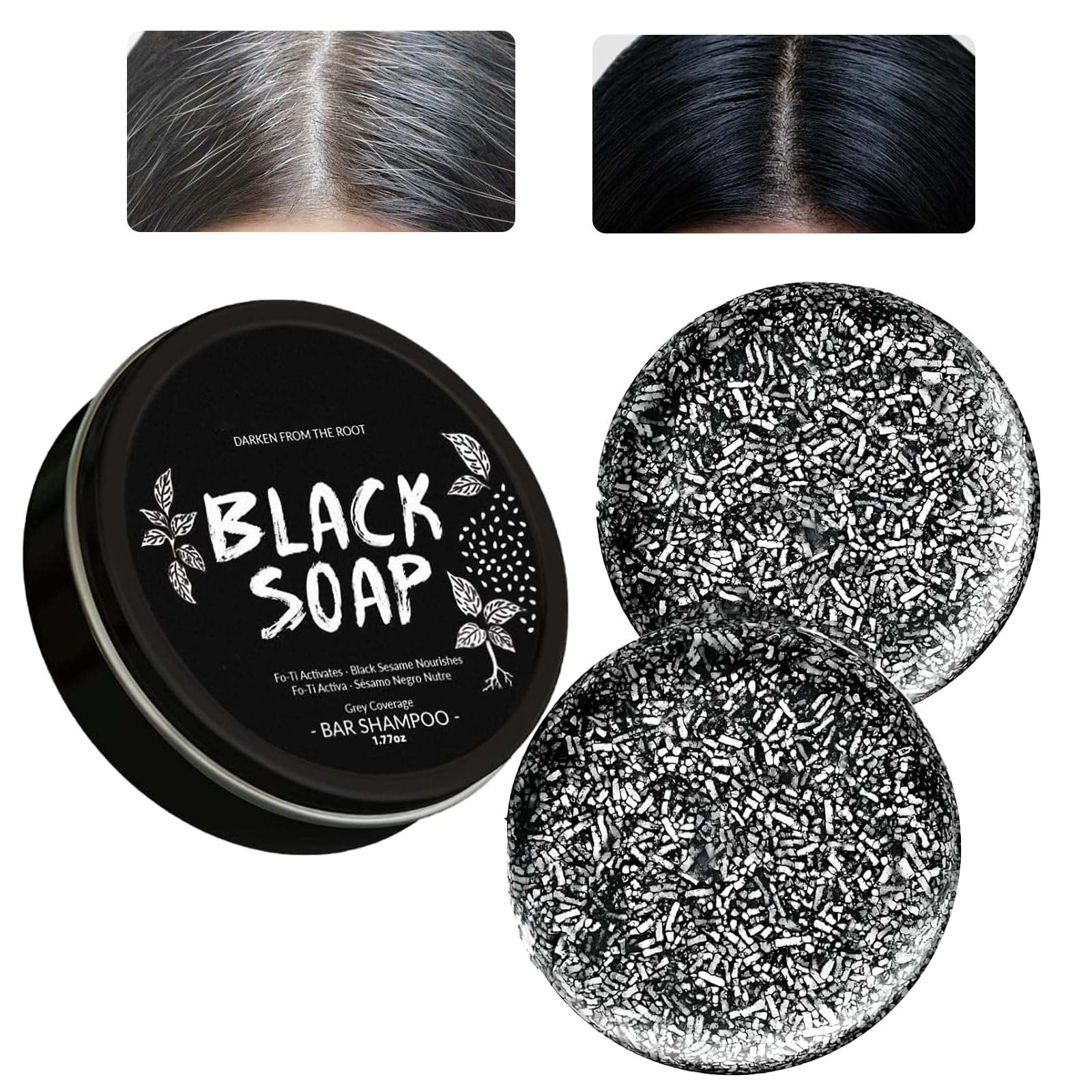 MoraZoge gray hair reverse bar soap closeup showing nourishing hair formula.