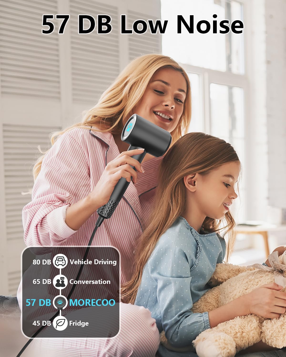 MORECOO Hair Dryer quiet-operation at 57dB for peaceful routines