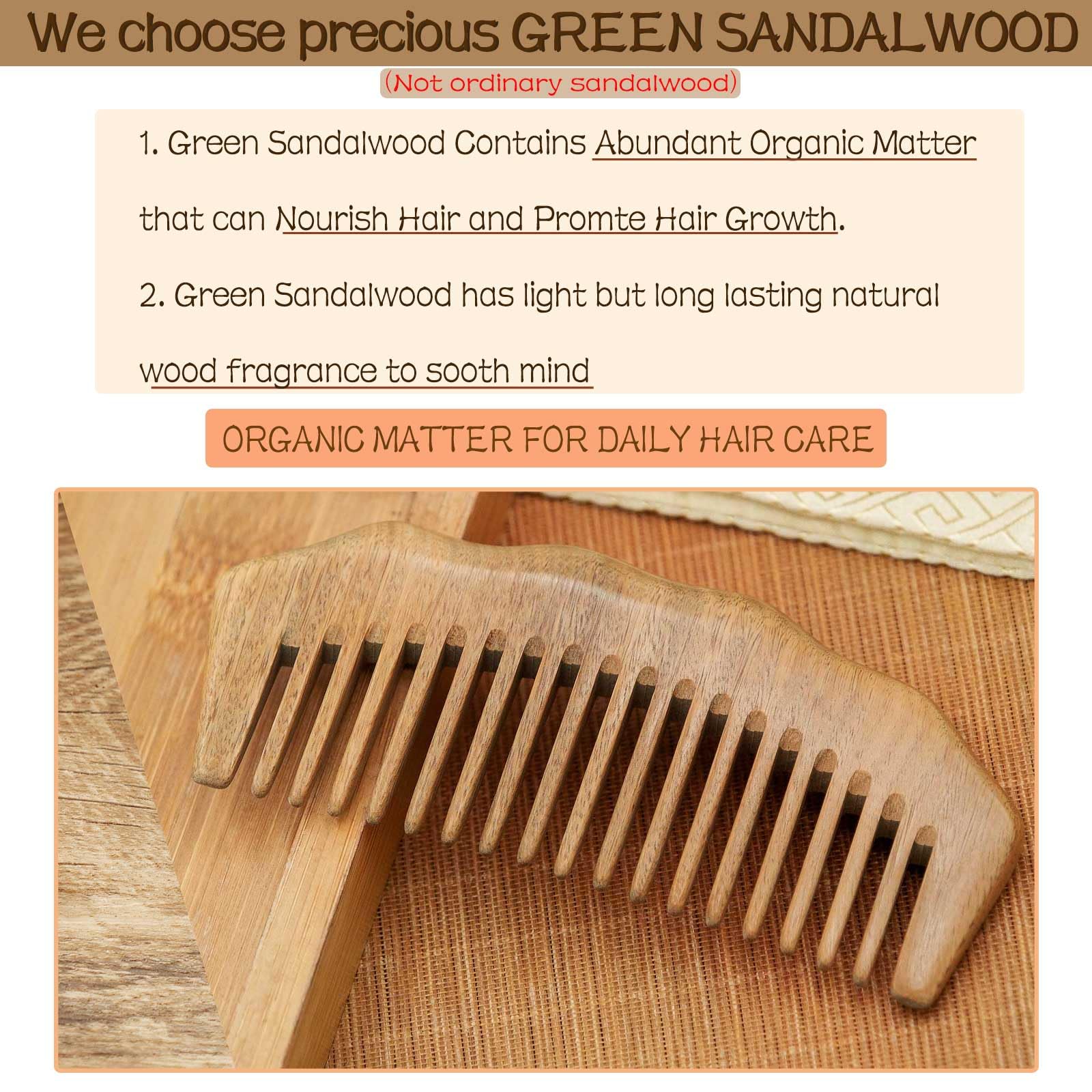 Moreinday peine madera sándalo verde dientes anchos desenredan sin tirar