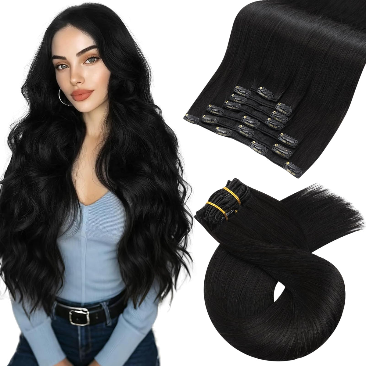 Moresoo black clip-in extensions worn by model for natural volume.