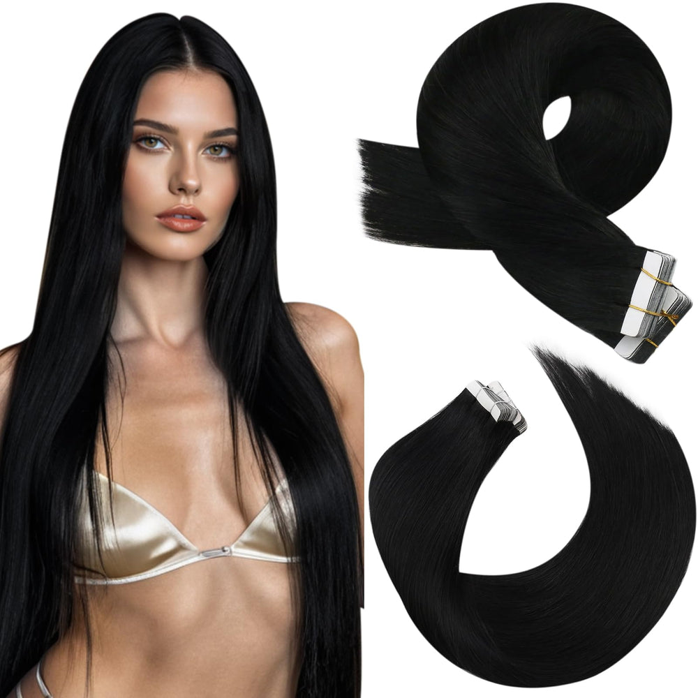 Moresoo black tape extensions closeup: seamless blend for natural-looking hair