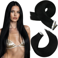 Moresoo black tape extensions closeup: seamless blend for natural-looking hair