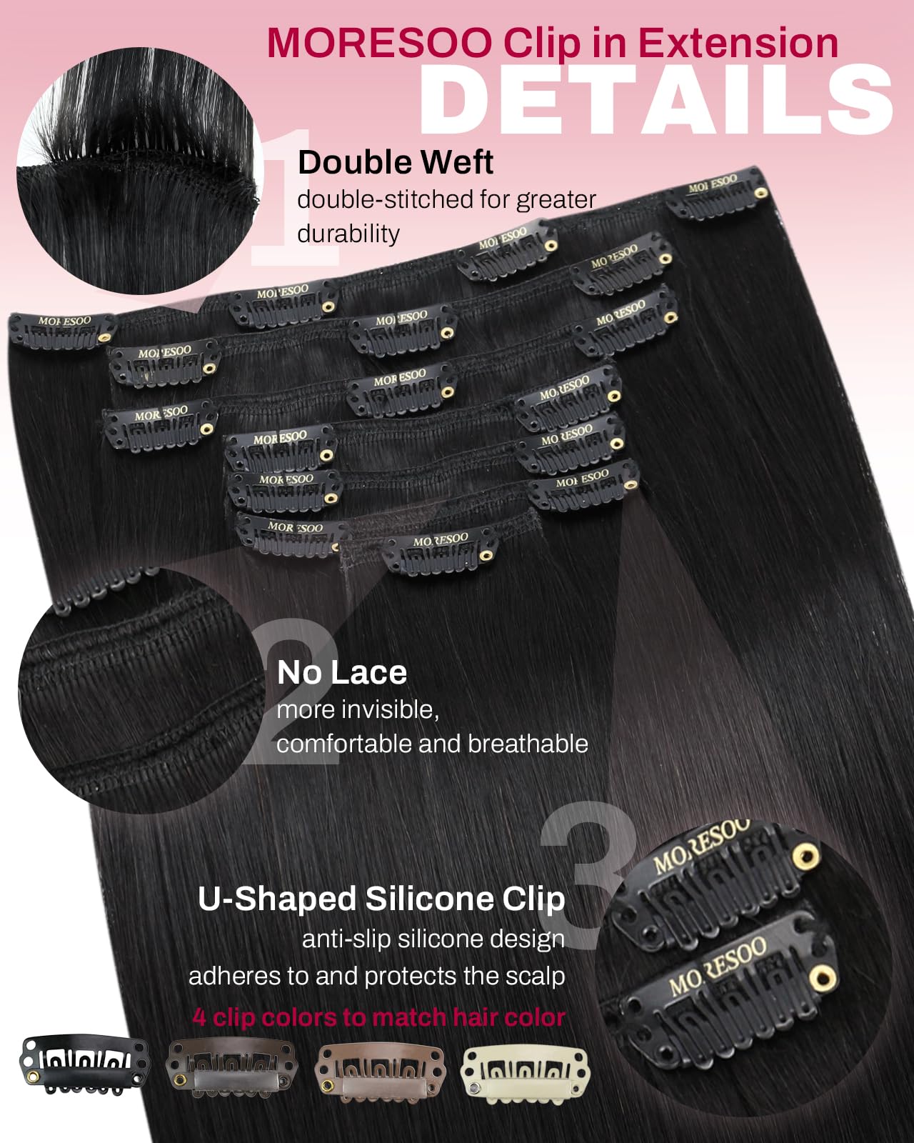 Moresoo clip design closeup demonstrates damage-free secure attachment.
