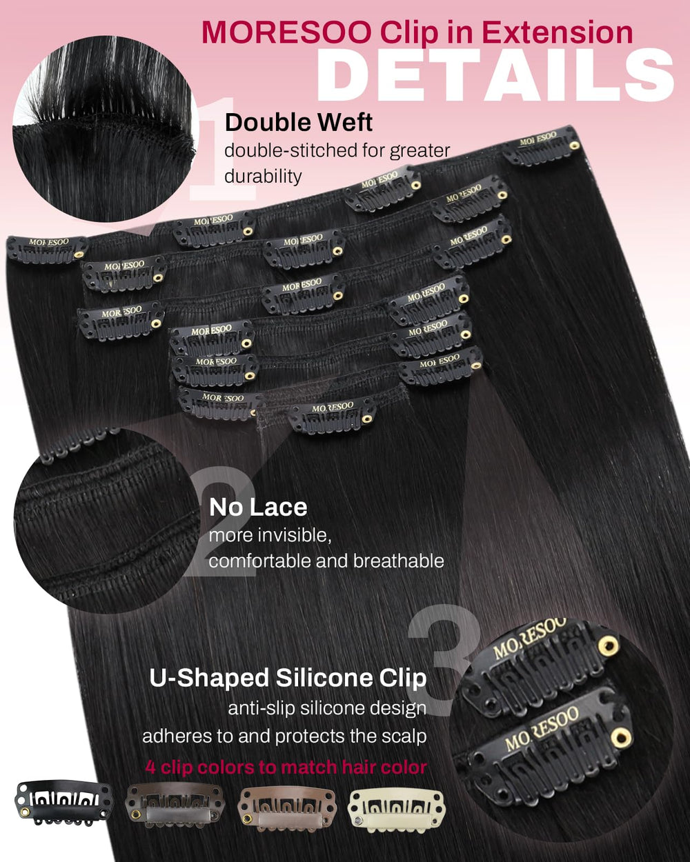 Moresoo clip design closeup demonstrates damage-free secure attachment.
