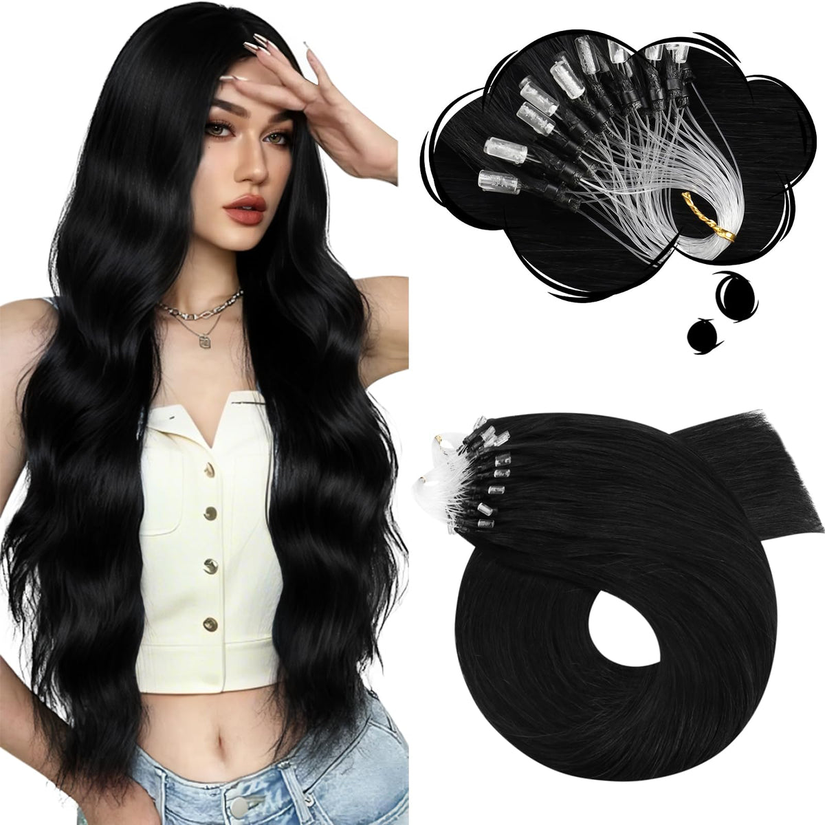 Moresoo microlink extensions package jet-black closeup for natural blend