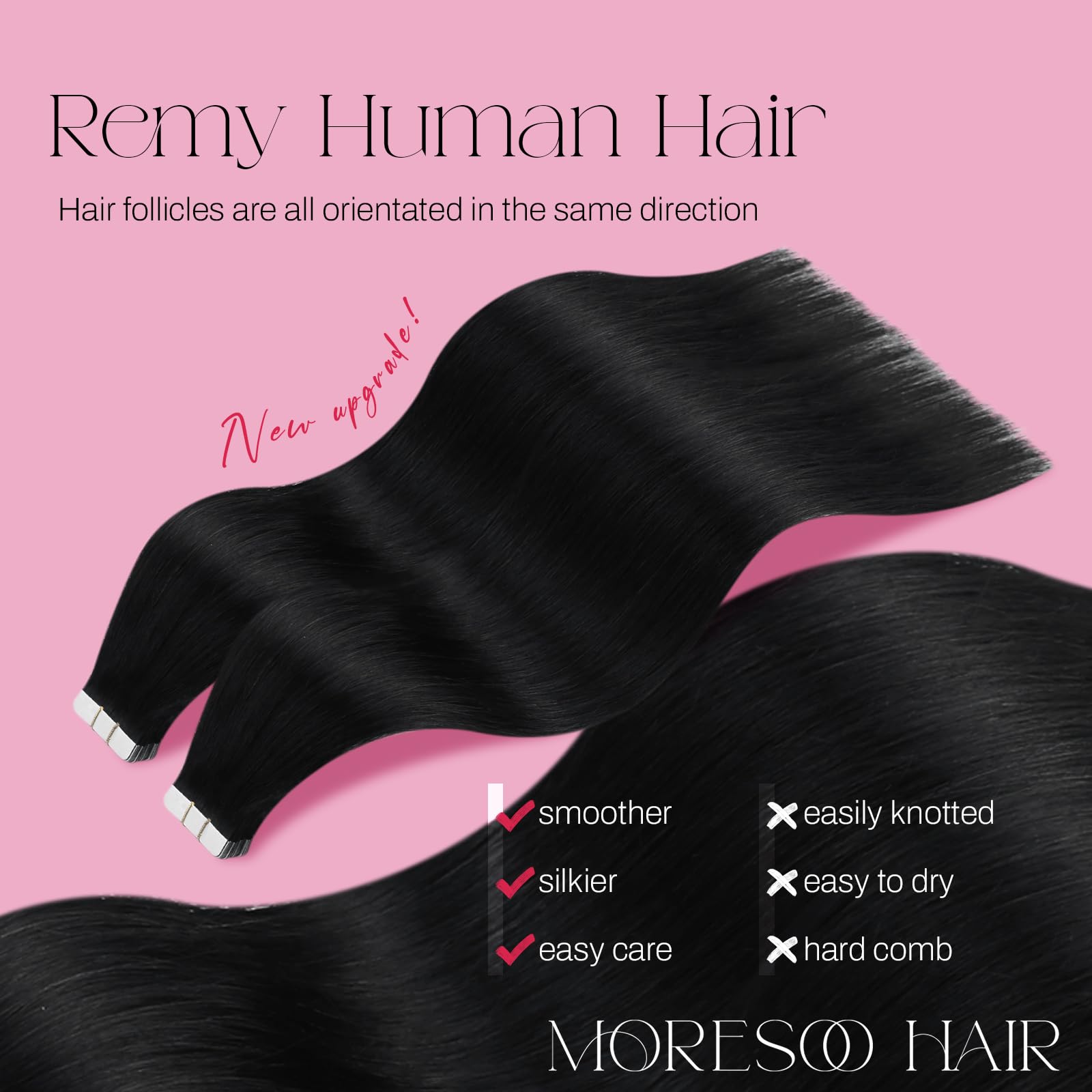Moresoo remy hair tape-in extensions layered view shows healthy, resilient hair