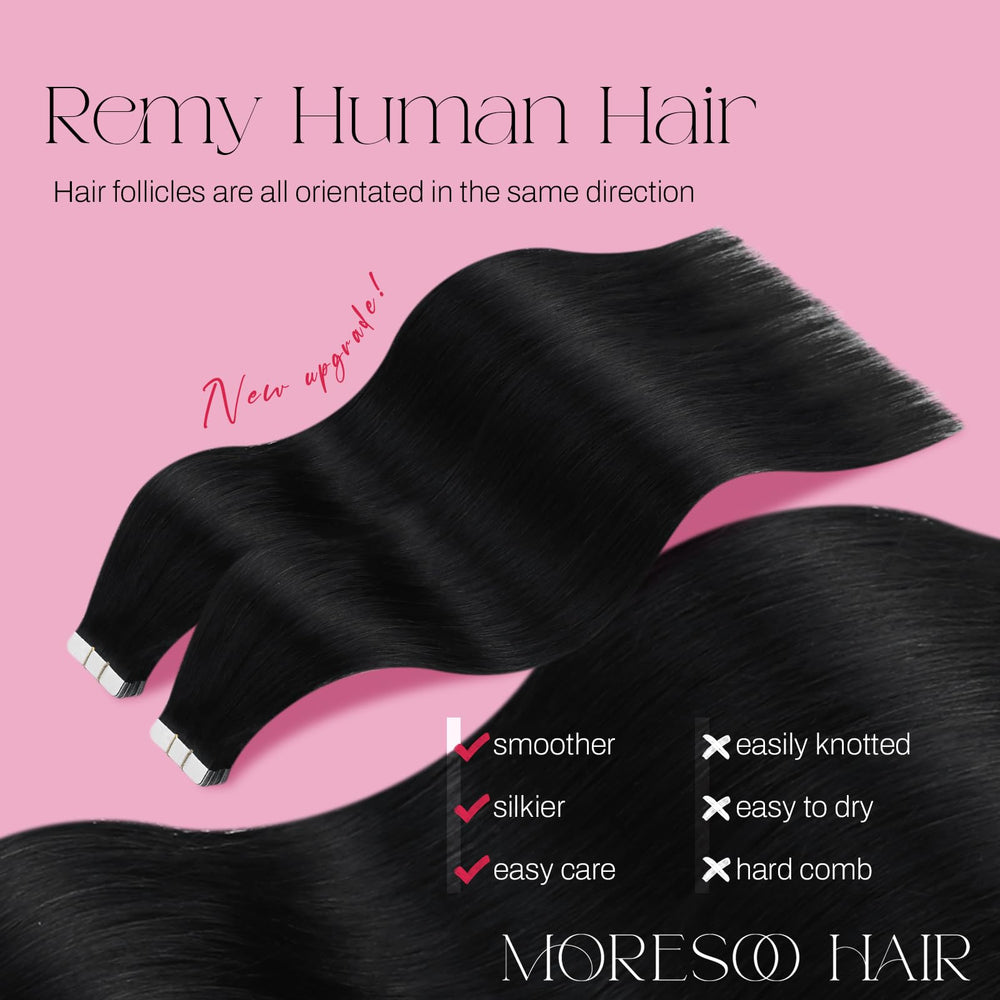 Moresoo remy hair tape-in extensions layered view shows healthy, resilient hair
