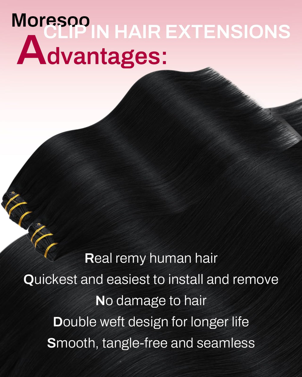 Moresoo Remy hair clip-ins close-up shows smooth texture.