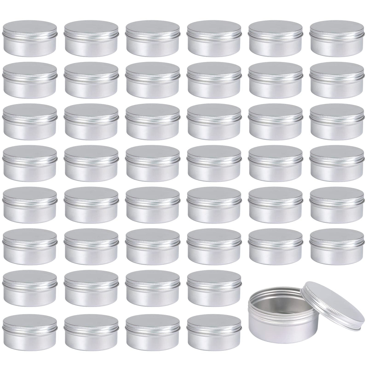Moretoes 45-pack tins front view, sturdy aluminum for easy DIY storage