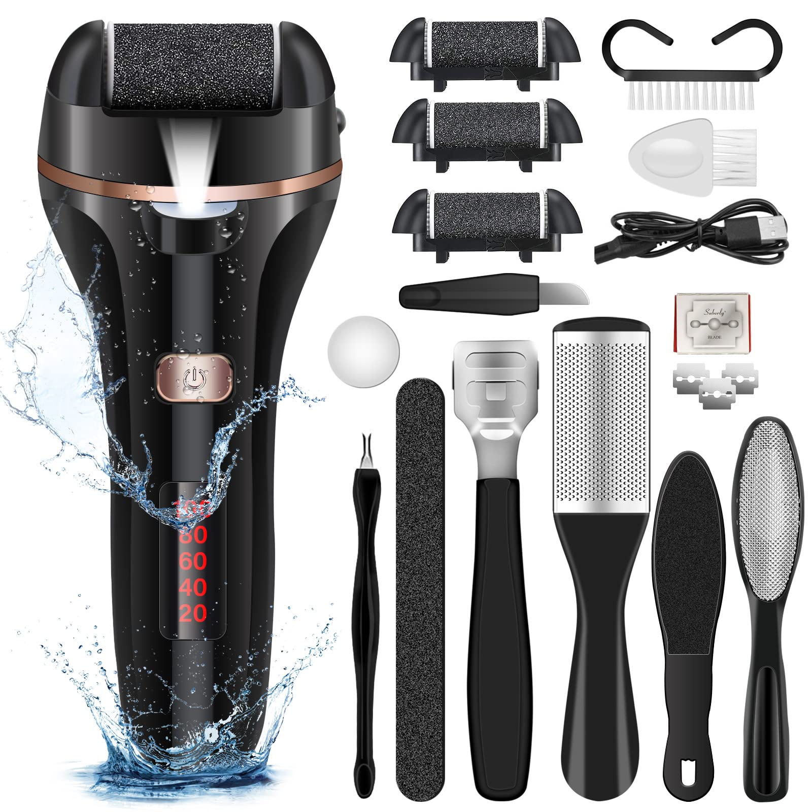 MOREVAC electric foot file with LCD battery display for easy USB charging