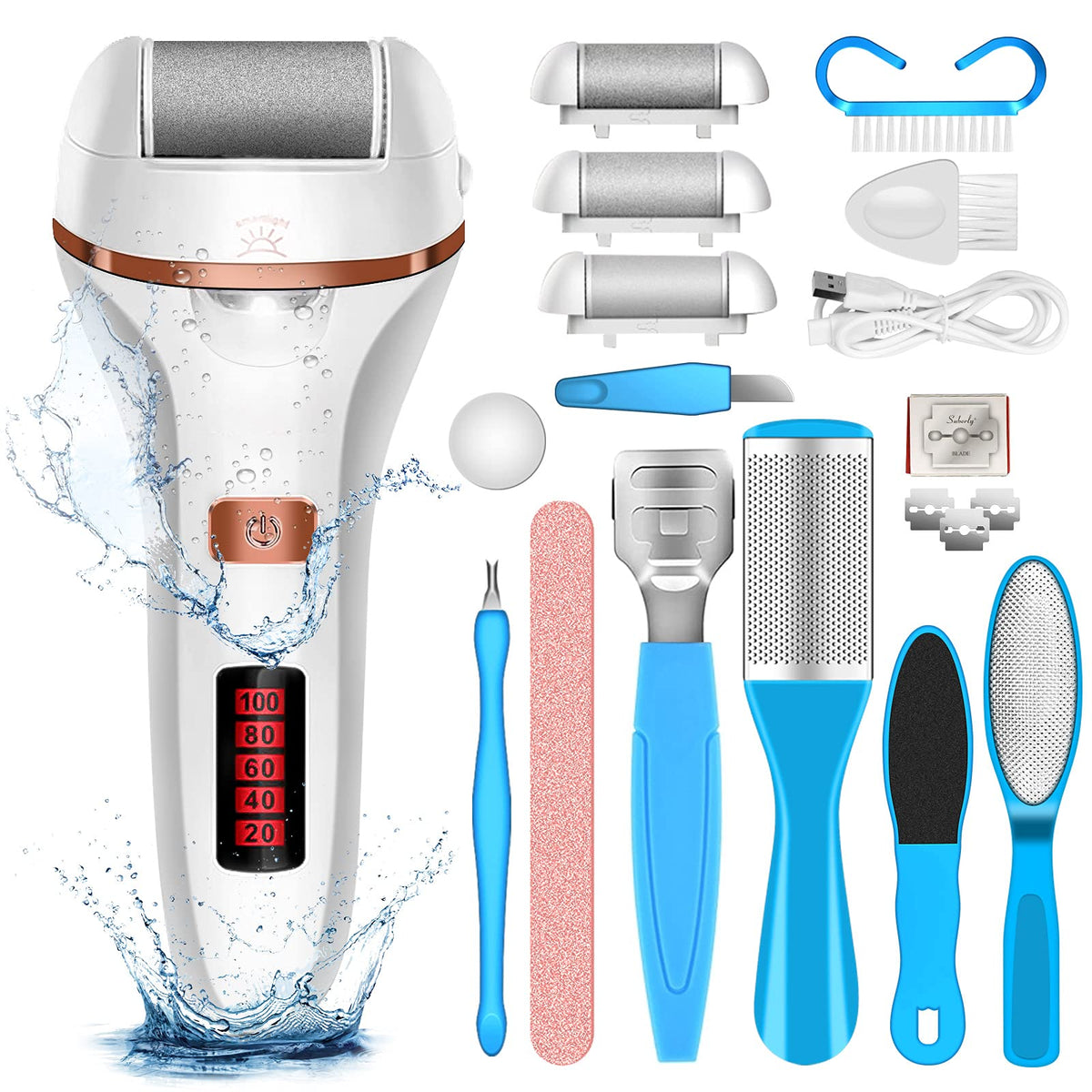 MOREVAC electric foot file with LED display showing battery level for easy charging